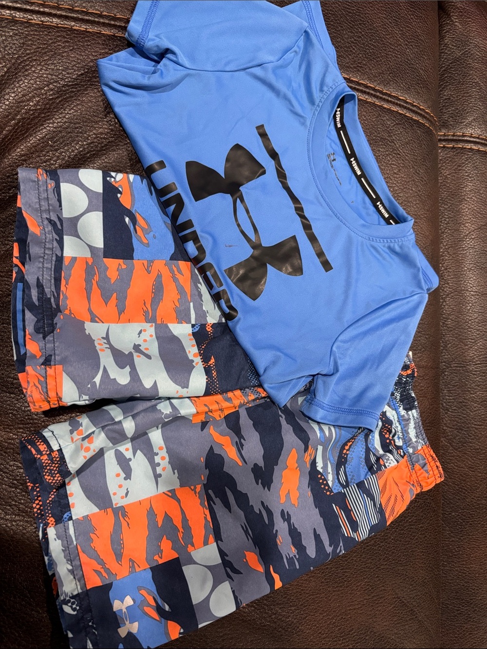 Under Armour Boys Blue Tee with Orange & Navy Camo Swim Shorts